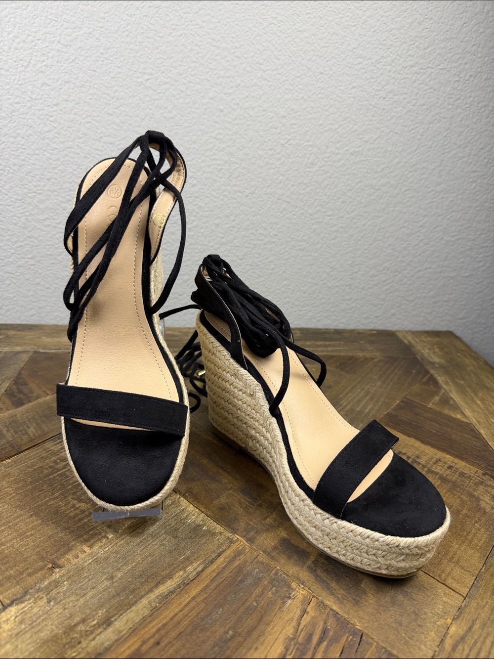 Size 6.5 Coutgo Women's Black Espadrille Wedge Sandals with Ankle Wrap